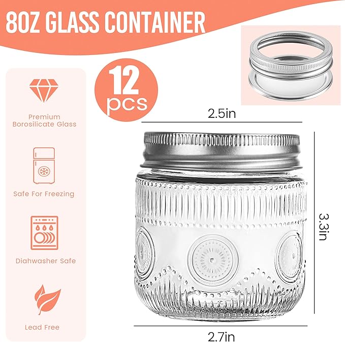 Amzcku 8 oz Vintage Mason Jars with Lids, Regular Mouth Canning Jar, Safe For Storage, Canning, Pickling, Preserving, Fermenting, DIY Crafts & Decor 12 Pack