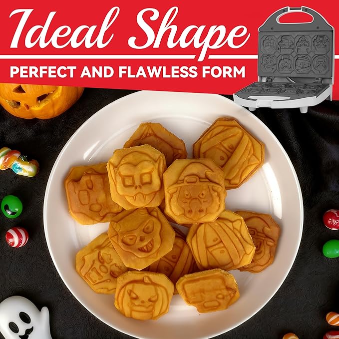 Character Waffle Maker for Halloween, 8 Different Spooky Designs, Electric Waffler Iron Featuring a Pumpkin Wolf Face Mummy Ghost Witch Vampire & More, Halloween Kitchen Decor, White