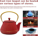 Small Cast Iron Tea Kettle for Stovetop Safe, Red Tea Pot Coated with Enameled Interior, Durable Teapot with Stainless Steel Infuser for Loose Leaf (1000ml/34oz)