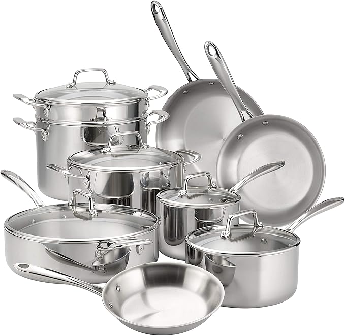 Tramontina Tri-Ply Clad Stainless Steel 14-Piece Cookware Set with Glass Lids, Pots and Pans Kitchen Set, Induction-Ready, Dishwasher-Safe, NSF-Certified