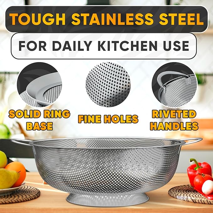 Stainless Steel Colander for Kitchen - 5Qt Rice Strainer With Handles, Perforated Design, Dishwasher Safe, Rust-Resistant - Versatile Pasta Strainer for Grains, Beans, Spaghetti, Veggies, Fruits