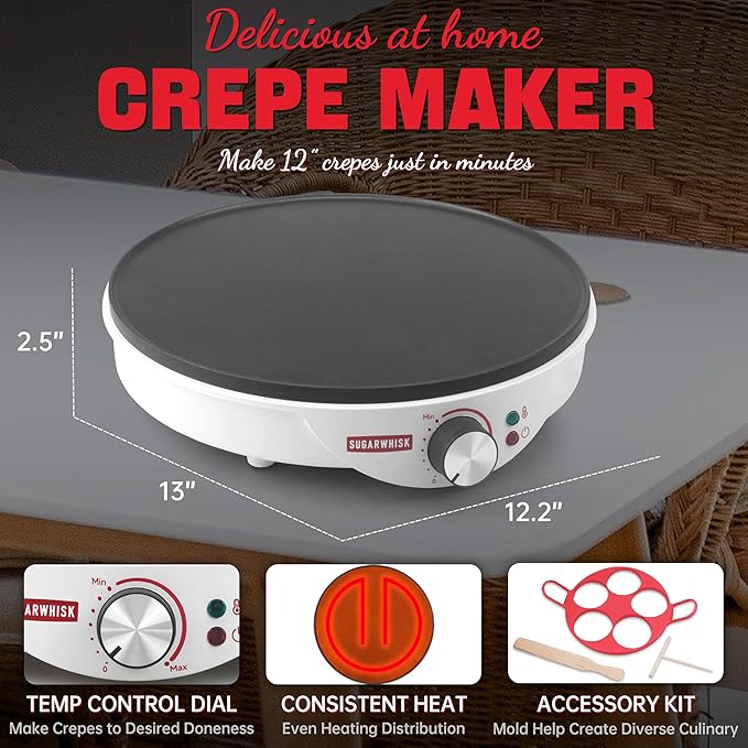 Crepe Maker Electric, Crepe Pan 12 Inch with 5 X 4” Silicone Molds, Pancake Maker Machine for Pancakes & Tortilla & Fried Eggs, Batter Spreader & Spatula Included, White