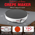Crepe Maker Electric, Crepe Pan 12 Inch with 5 X 4” Silicone Molds, Pancake Maker Machine for Pancakes & Tortilla & Fried Eggs, Batter Spreader & Spatula Included, White