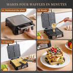 Waffles Maker Waffle Iron, 4 Belgian Square Waffle Maker, Belgian Waffle Maker Thick with Non-stick Plate, Breakfast Waffle Machine Make Waffle in Minutes, 3 Browning Level, 1200W