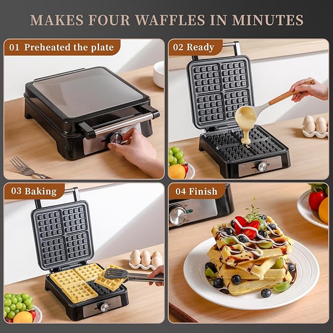 Waffles Maker Waffle Iron, 4 Belgian Square Waffle Maker, Belgian Waffle Maker Thick with Non-stick Plate, Breakfast Waffle Machine Make Waffle in Minutes, 3 Browning Level, 1200W