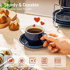 Sweese 8 Ounce Porcelain Stackable Cappuccino Cups with Saucers and Metal Stand - for Specialty Coffee Drinks, Cappuccino, Latte, Americano and Tea - Set of 4, Navy