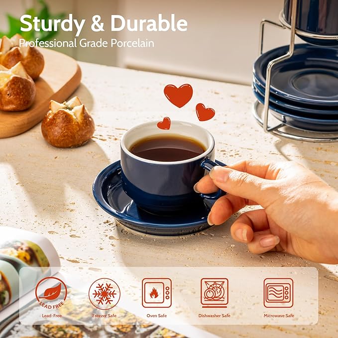 Sweese 8 Ounce Porcelain Stackable Cappuccino Cups with Saucers and Metal Stand - for Specialty Coffee Drinks, Cappuccino, Latte, Americano and Tea - Set of 4, Navy