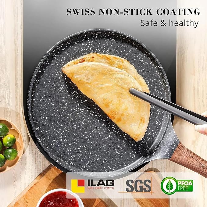 Nonstick Crepe Pan Set, 6 Piece Set Kitchen Pancake Grill Pan, 9.5 Inch Granite Coating Flat Skillet Tawa Dosa Tortilla Pans, Pizza Pans, Fry Pan Compatible with All Stovetops (9.5 Inch)