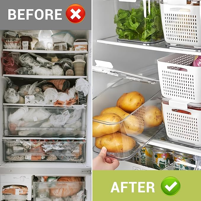 LUXEAR 4 Pack Fruit Vegetable Containers for Fridge, Produce Saver Container with Lids &Removable Colander BPA-free Refrigerator Storage Organizer for Fruit Vegetable, Berry, Meat keep Fresh Longer