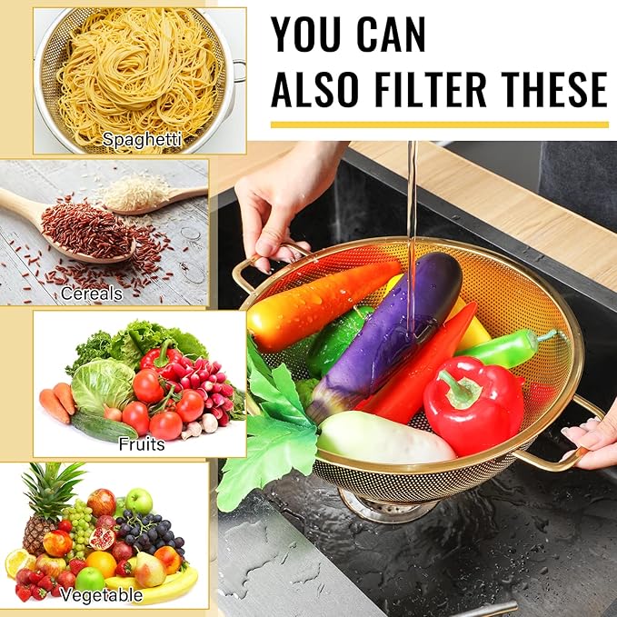 Norme 5 Quart Stainless Steel Gold Colander and 3 Pcs Gold Fine Mesh Strainer, Stainless Steel Pasta Rice Food Metal Strainer with Handles, Easy Clean and Dishwasher Safe