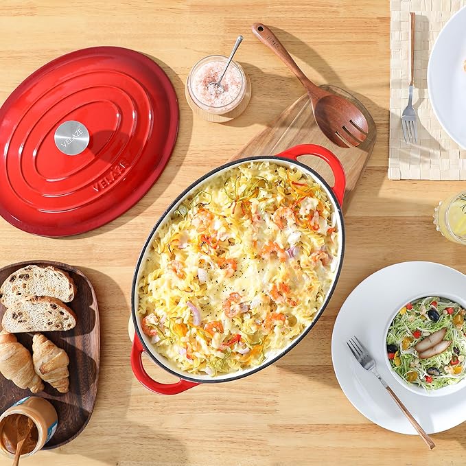Velaze 7.5 QT Enameled Oval Dutch Oven Pot with Lid, Cast Iron Dutch Oven with Dual Handles for Bread Baking, Cooking, Frying, Non-stick Enamel Coated Cookware (RED)
