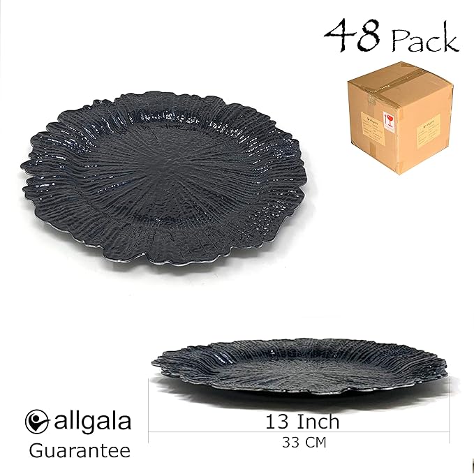 allgala Heavy Quality Round Charger Plates - Dinner Plate - Set of Charger Plates for Table Decor - Ideal for Weddings, Weddings, Thanksgiving Parties & Holidays - Reef Black (13-Inch 48-Pack)