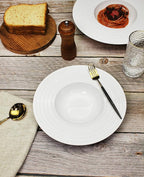 Ceramic Wide Rimmed Soup Plate, Soup Bowl 8 oz, Pasta Bowl Set of 4, White Shallow Bowl Plate with Rim, Best choice for high-end restaurants, hotels, and foodies, 9.6 Inch Coil relief