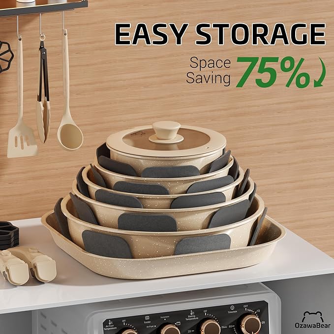 26 Pcs Pots and Pans Set Non Stick, Ceramic Cookware Set Non Toxic with Detachable Handles, Healthy Induction Cookware Oven Safe RV Kitchen Set, PFAS PFOA & PTFE Free, Taupe