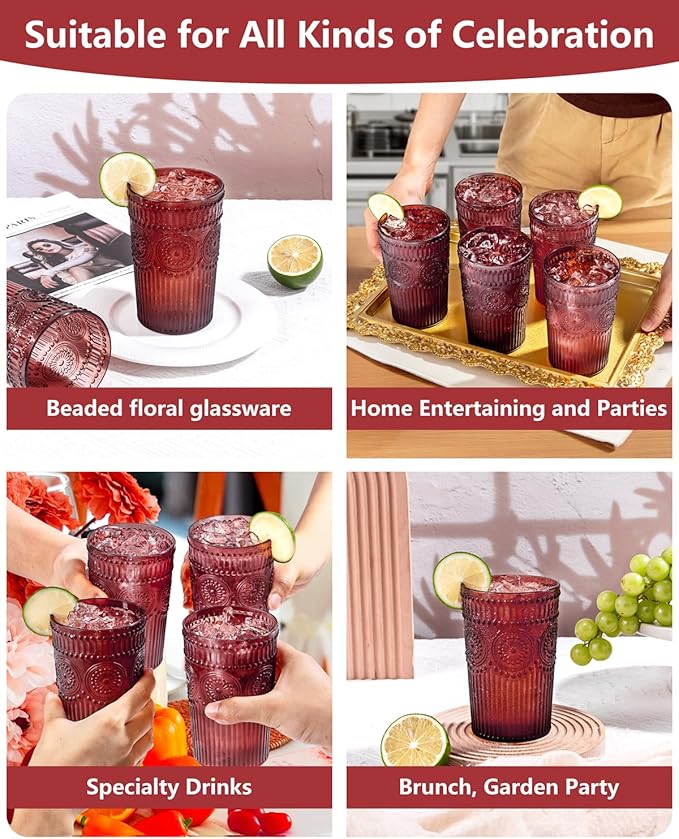 Ciaell 12 Pack Romantic Plastic Water Glasses - 14 Oz Burgundy Vintage Drinking Glasses, Embossed Ribbed Plastic Cups, Textured Striped Set for Juice, Beverages, Beer, Cocktail & Christmas