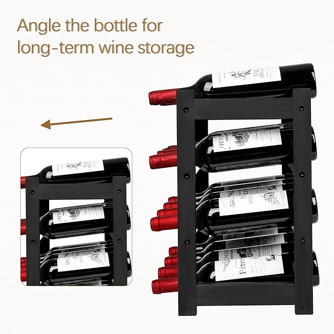 VASMIA Wine Rack, 4-Tier Bamboo Wine Racks Countertop,Sturdy and Durable Wine Storage Cabinet Shelf,16 Bottles Wine Holder for Kitchen Pantry, Black