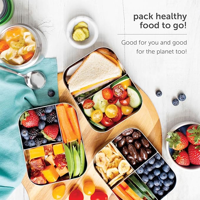 LunchBots Large Cinco Stainless Steel Lunch Container - Five Section Design Holds a Variety of Foods - Metal Bento Box - Dishwasher Safe - Stainless Lid - Green Dots