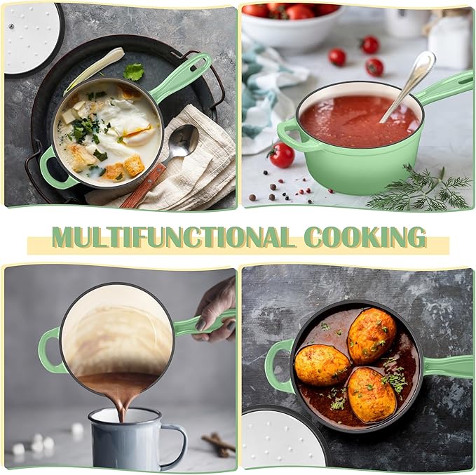 E-far Enameled Cast Iron Sauce Pan with Lid, 1 Quart Dutch Oven Saucepan, Mini Sauce Pot for Cooking, Boiling, Healthy & Non Toxic, Induction & Oven Safe, Pistachio Green