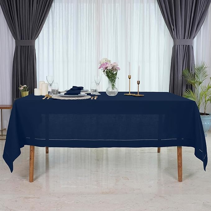 D'Moksha Homes Navy Blue Linen Tablecloth for Rectangle Tables 60 x 84 Inch - Classic Hemstitch 100% Pure Linen Navy Table Cloth - Machine Washable Dining Tablecloth for Summer, Fall and Halloween