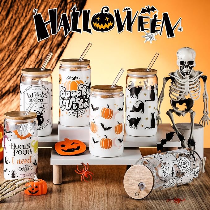 6 Pcs Halloween Drinking Glasses 16 oz Hearts Glass Cup with Bamboo Lid and Glass Straw Can Shaped Beer Glass Reusable Love Smoothie Cup for Women Teenager Valentine Party Birthday Gift