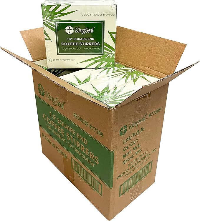 10,000 Count | KingSeal Bamboo Coffee Stirrers, Stir Sticks, 5.5 inches, Square End, 100% Renewable and Biodegradable - 10 Boxes x 1000 Stirrers