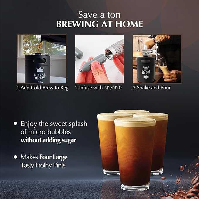 The Original Royal Brew Nitro Cold Brew Coffee Maker - Gift for Coffee Lovers - 64 oz Home Keg, Nitrogen Gas System Coffee Dispenser Kit