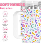 sweet grain 40 oz Tumbler with Handle and Straw, Keeps Drinks Cold Up to 24 Hours Leopard Tumbler, Stainless Steel Vacuum Insulated Travel Mugs for Water, Iced Tea or Coffee(Colorful)