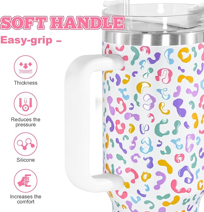 sweet grain 40 oz Tumbler with Handle and Straw, Keeps Drinks Cold Up to 24 Hours Leopard Tumbler, Stainless Steel Vacuum Insulated Travel Mugs for Water, Iced Tea or Coffee(Colorful)