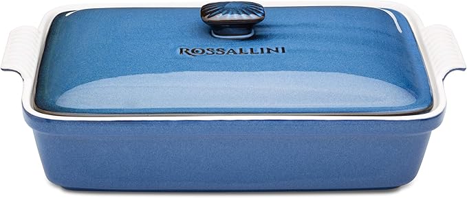 Stoneware Casserole Dish Bakeware Set with Lid, Covered Rectangular Dinnerware, Large 3.2 Quart, 11 by 9 Inch, Blu Indaco [Reactive Blue]