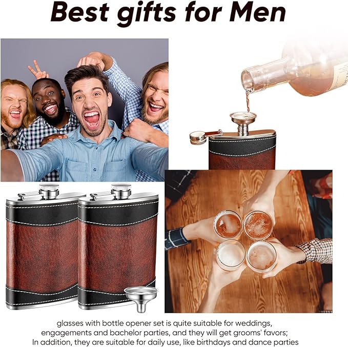 Rtteri 6 Set 8 oz Leather Hip Flasks for Liquor for Men Leak Proof Stainless Steel Drinking Flasks with Funnel Soft Wrap Whiskey Vessels for Wedding Bridesmaid Christmas Gifts (Brown)