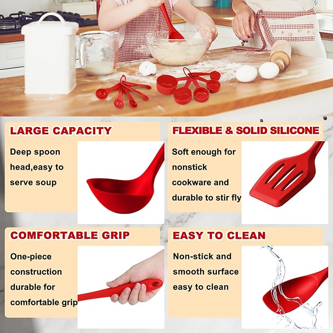 E-far Silicone Cooking Utensils Set, 24Pcs Heat Resistant Kitchen Utensil with Holder, Silicone Kitchen Tools with Spatula Turner Spoon Tongs Whisk, Non-Toxic & Dishwasher Safe (Red)