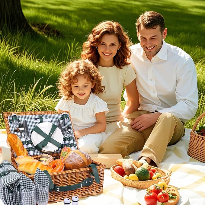 Picnic Basket Set for 4 with Waterproof Blanket Mat Insulation Bag Wicker Green Plaid Classic Vintage Fresh Cottagecore Gift for Wedding Birthday Summer Outdoor Camping Beach Travel Christmas
