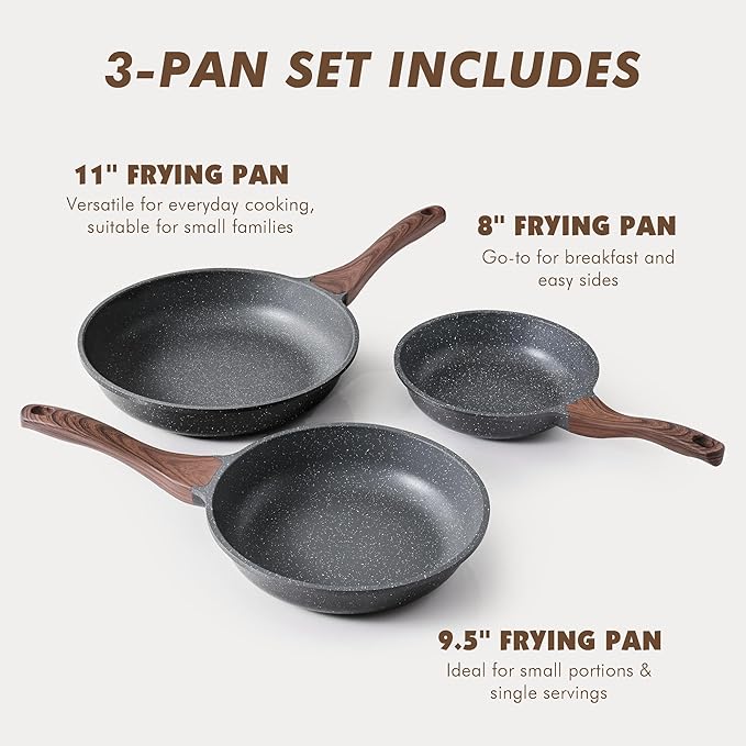 SENSARTE Nonstick Frying Pan Skillets, Swiss Granite Coating Omelette Pans, Healthy Cookware Chef's Pan, Free of Intentionally Added PFOA (8+9.5+11 Inch)