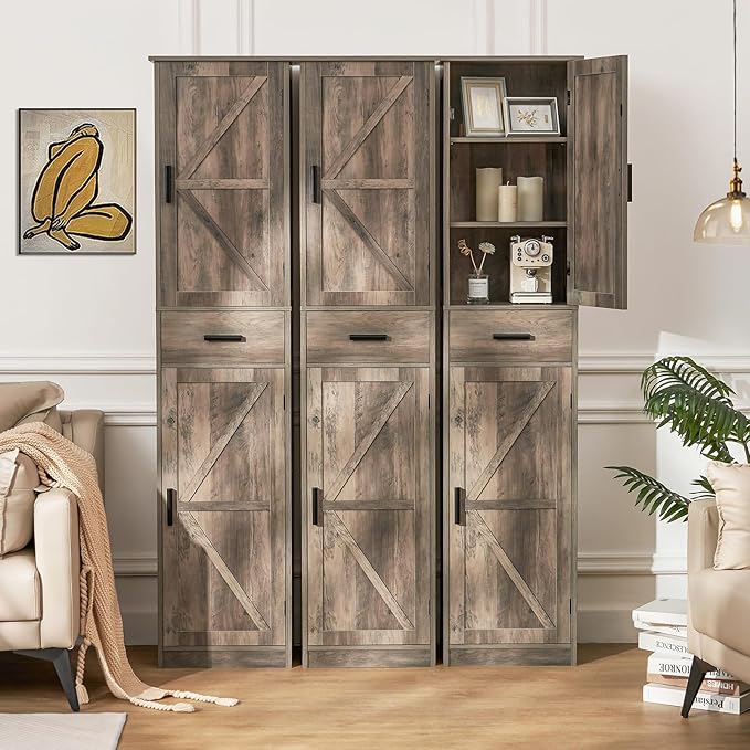 WEENFON Tall Storage Cabinet, Bathroom Cabinet with 6 Shelves & Drawer, Narrow Storage Cabinet with Adjustable Shelves, Tall Cabinet for Living Room, Home Office, Dark Oak