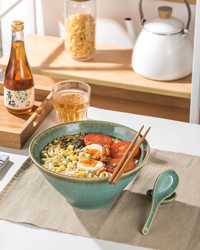 Large Salad Soup Ramen Serving Bowls, 71 OZ Ceramic Japanese Ramen Noodle Bowls with Chopsticks, Spoons and Rests - Super Big Bowl Sets for Udon, Pho, Pasta, Cereal, Set of 2 - Reactive Green