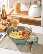 Large Salad Soup Ramen Serving Bowls, 71 OZ Ceramic Japanese Ramen Noodle Bowls with Chopsticks, Spoons and Rests - Super Big Bowl Sets for Udon, Pho, Pasta, Cereal, Set of 2 - Reactive Green