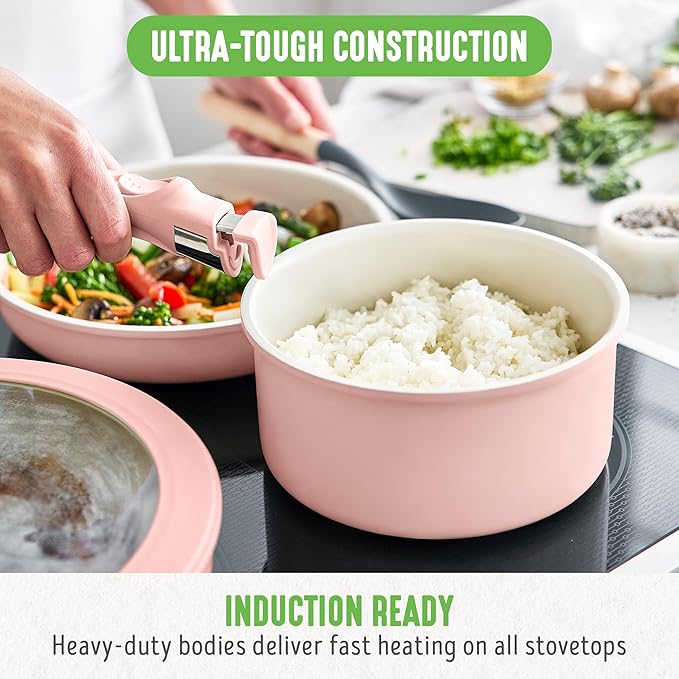 GreenLife 10 Piece Nonstick Pots & Pans Set, Detachable Handle & Stackable Cookware Set, Non Toxic PFAS-Free Skillets, Induction Kitchen Pans, Space Saving, Serving Bowls, Oven Safe, Light Pink
