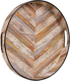 MAONAME 13" Round Decorative Tray, Plastic Tray with Handles, Coffee Table Trays, Serving Trays for Ottoman, Bathroom, Kitchen (Multicolored Wooden Sticker)