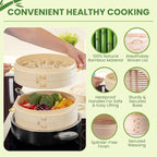 Bamboo Steamer 10 Inch 2 Tier Wooden Basket With Handle, Ring Adapter, Reusable Silicone Liner, Kit For Cooking Dumpling Baby Bao Bun, Dim Sum, Rice Potsticker Steaming Chinese Asian Food & Vegetables