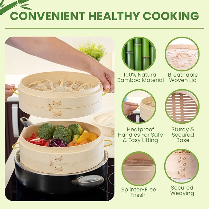 Bamboo Steamer 10 Inch 2 Tier Wooden Basket With Handle, Ring Adapter, Reusable Silicone Liner, Kit For Cooking Dumpling Baby Bao Bun, Dim Sum, Rice Potsticker Steaming Chinese Asian Food & Vegetables