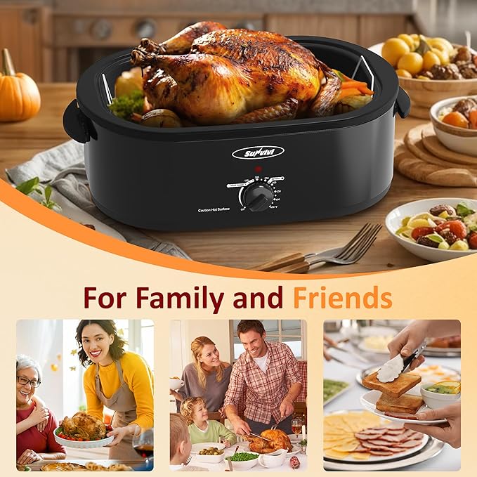 Sunvivi 18-Quart Roaster Oven with Self-Basting Lid, Electric Turkey Roaster Oven with Removable Pan and Rack, Stainless Steel, Black
