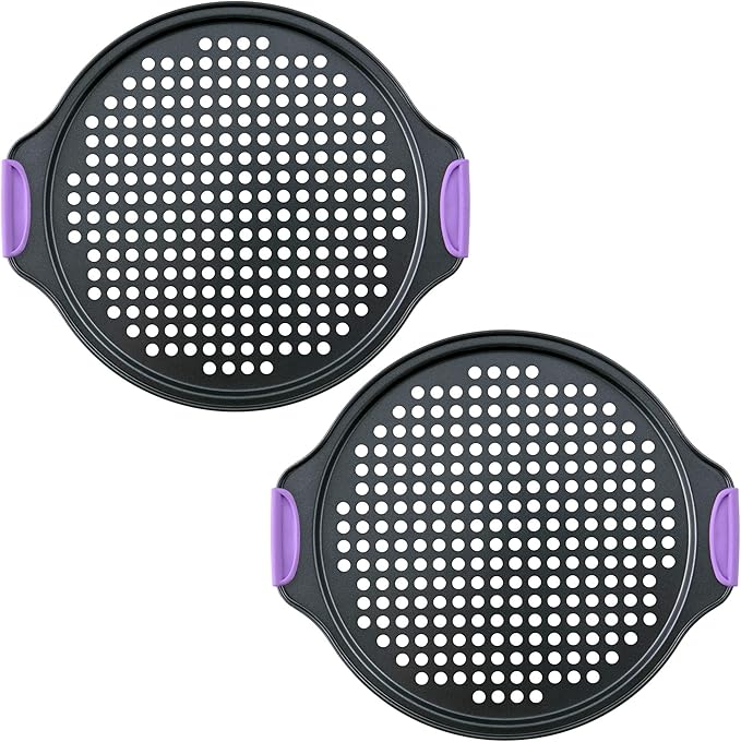Amazing Abby - Chef Stacy - 2-Pack 13-Inch Non-Stick Pizza Pan with Holes, Perforated Pizza Crisper with Heat-Resistant Silicone Handle Grips, Oven-Safe Bakeware, Carbon Steel Baking Pan for Oven
