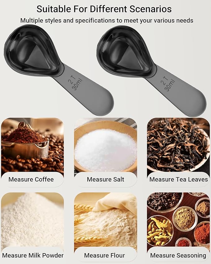 Coffee Scoop 30ml 2PCS, 2 Tablespoon Measuring Spoons, Ergonomics Design Coffee Scooper Stainless Steel Manufacture，Coffee Scoop for Ground Coffee Protein Powder Sugar Cereal (Black, 2 tbsp-30ml)