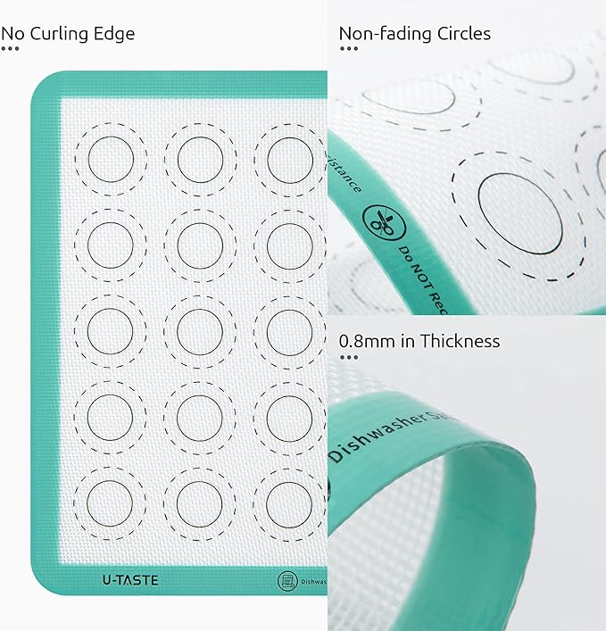 446ºF Heat Resistant Macaron Mat: U-Taste 11x11in Non Stick Silicone Baking Mat, Reusable Cookies Pastry Sheet Liner with Edge Enhancement & Circle Measurement for Square Cake Pan (Aqua Sky)