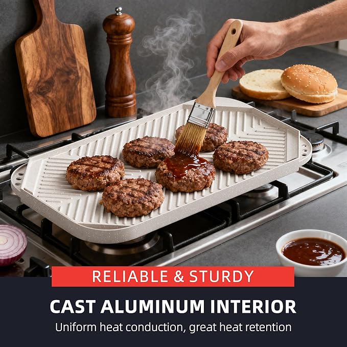 Nonstick Griddle Grill Pan - 19.5" x 11" Reversible Griddle Pan for Stove Top, Grill, or Campfire, Two Burner Cast Aluminum Grill, Rectangular Baking Flat and Ribbed Griddle Plate, Beige