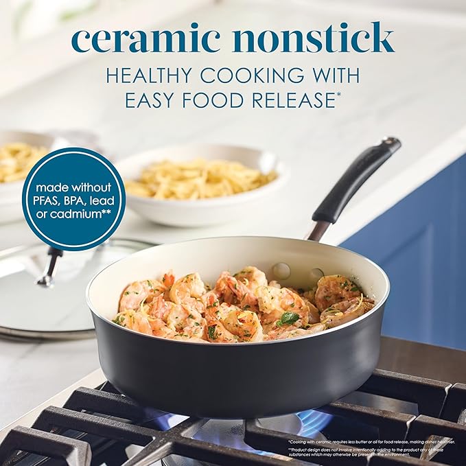 Rachael Ray Cucina Ceramic Nonstick Saute Pan with Lid, 3 Quart Non Stick Sauteuse Pan, Dishwasher Safe - Peppercorn