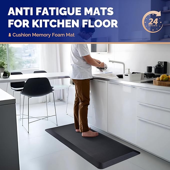 FEATOL 2 Packs Anti Fatigue Mats for Kitchen Floor, 9/10 Inch Thick Cushioned Floor Mat, Comfort Memory Foam Standing Padded for Sink, Kitchen, Home (Black, 24x70x9/10-Inch)