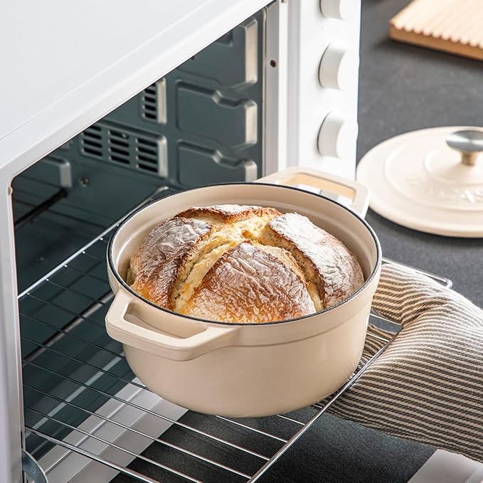 vancasso 2.5 QT Enameled Cast Iron Dutch Oven with Stainless Steel Knob Lid – Small Non-Stick Casserole for Steaming, Baking, and Roasting – Cream Color