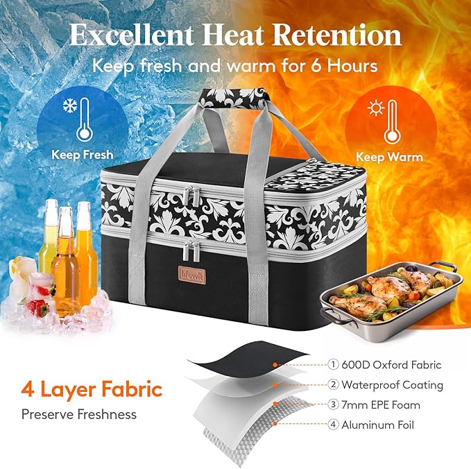 Lifewit Double Decker Casserole Carrier for Hot or Cold Food, Insulated Casserole Baking Dish Bag Food Carrier, Lasagna Holder for Potluck/Parties/Picnic/Cookouts, Fits 9"x13" Baking Dish, Black