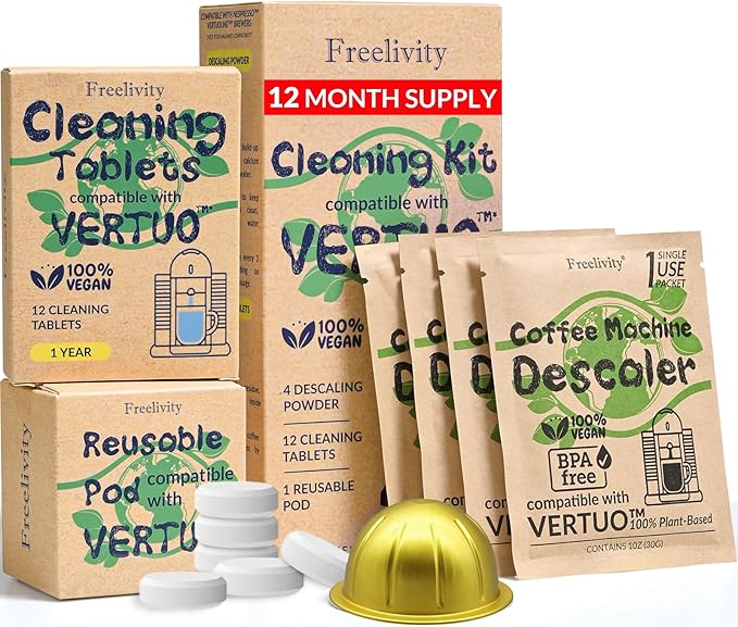 Nespresso Compatible Vertuo Cleaning & Descaling Kit – 1 Year Supply. Includes 4 Descaling Powder Solution, 12 Cleaning Tablets, 1 Reusable Pod, Eco-Friendly Vertuoline Maintenance Kit